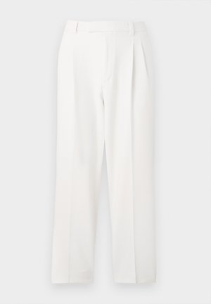 White tailored trousers with a straight-leg design, featuring pleats, a flat front, and a smooth fabric texture. No visible pockets or accents.