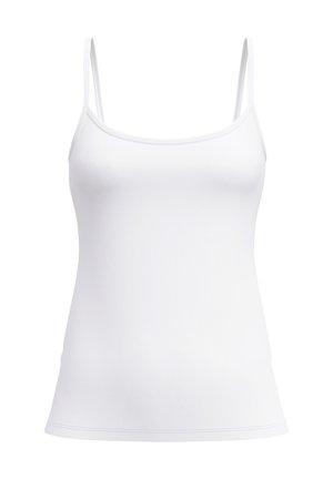 Witte tanktop met dunne bandjes, gemaakt van soepel, rekbaar materiaal. Heeft een klassieke, getailleerde snit zonder verdere patronen of accenten.