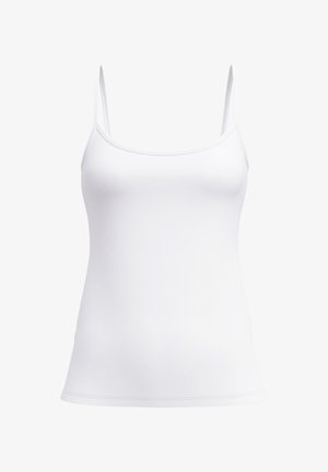 Witte tanktop met dunne bandjes, gemaakt van soepel, rekbaar materiaal. Heeft een klassieke, getailleerde snit zonder verdere patronen of accenten.