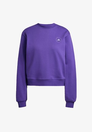 Purple cropped sweatshirt made of soft fabric. Features long sleeves, ribbed cuffs, and a circular logo printed on the chest.