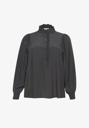 Ciemnoszara bluzka z wysokim falbaniastym kołnierzem, zapięciem na guziki i długimi, bufiastymi rękawami. Teksturowany materiał z pionowymi paskami.
