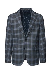 Szary marynarka w kratę z niebieskimi akcentami, klapkami w rewersie, dwoma przednimi kieszeniami i wzorzystą podszewką. Tekstura tkaniny jest gładka i dopasowana.