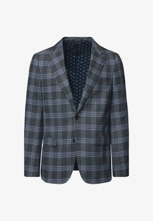 Szary marynarka w kratę z niebieskimi akcentami, klapkami w rewersie, dwoma przednimi kieszeniami i wzorzystą podszewką. Tekstura tkaniny jest gładka i dopasowana.