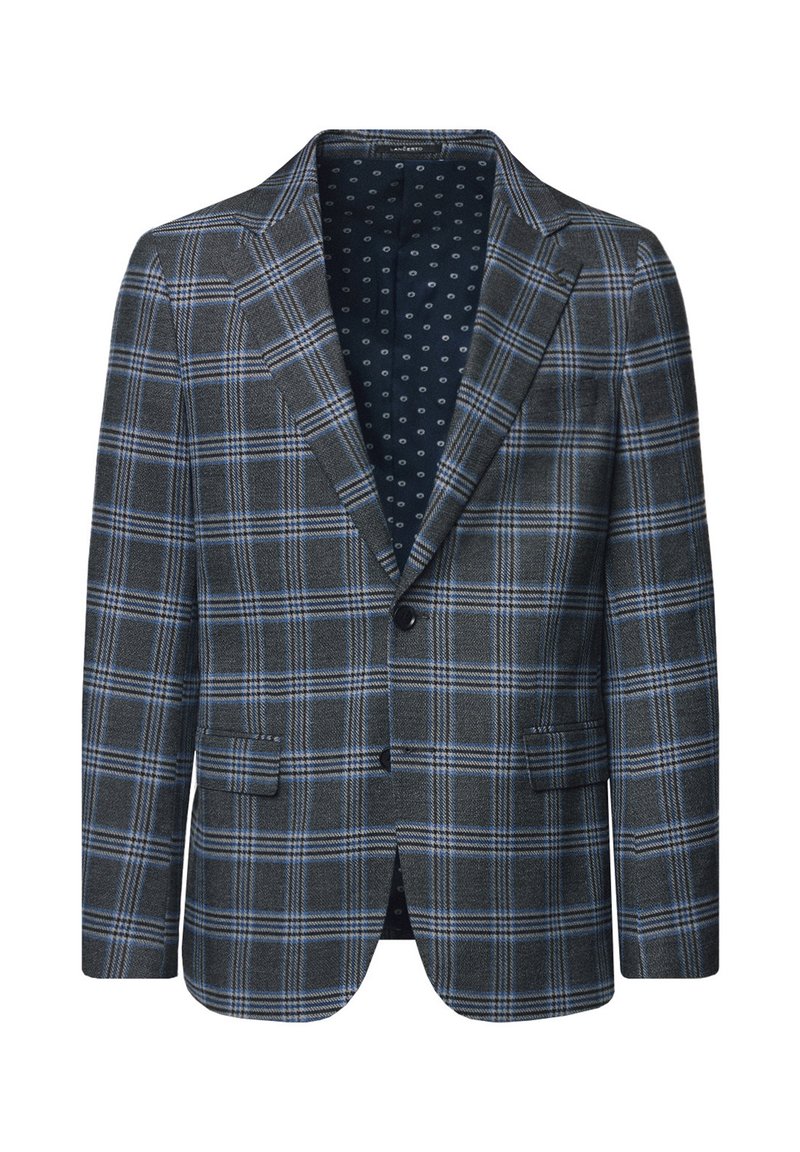 Szary marynarka w kratę z niebieskimi akcentami, klapkami w rewersie, dwoma przednimi kieszeniami i wzorzystą podszewką. Tekstura tkaniny jest gładka i dopasowana.