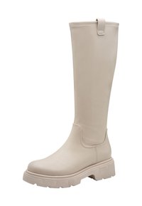 Bottes beiges montantes en matériau lisse avec un doigt de pied rond, une semelle épaisse texturée et une boucle à l'arrière pour un enfilage facile.
