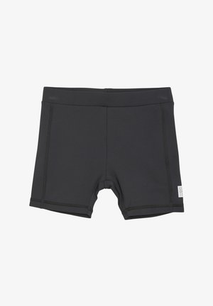 Pantaloni de baie negri dintr-un material elastic. Prezintă șlițuri plate și un etichetă pe lateral. Lungime scurtă cu talie elastică.