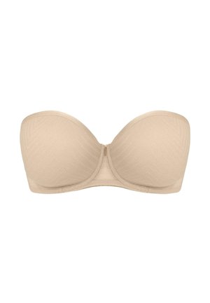 Beige bandeau bh van gladde stof, met een gemodelleerde cupontwerp, beugeldsteun en naadloze randen voor een nette afwerking.