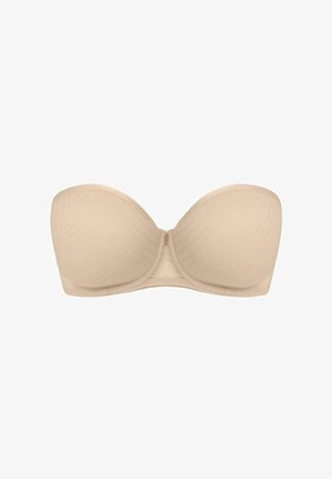 Sostén sin tirantes beige hecho de una tela suave, que presenta un diseño de copa moldeada, soporte de varilla y bordes sin costuras para un acabado limpio.