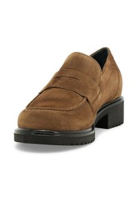 Mocassini in suede marrone con tacco nero basso, caratterizzati da un dettaglio cucito sulla tomaia e una finitura liscia e strutturata.