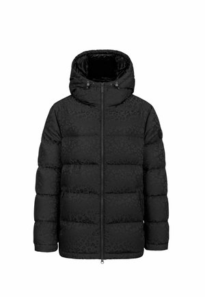 Black puffer jacket with leopard pattern, zip closure, and a hood. Features quilted sections and discreet side pockets.