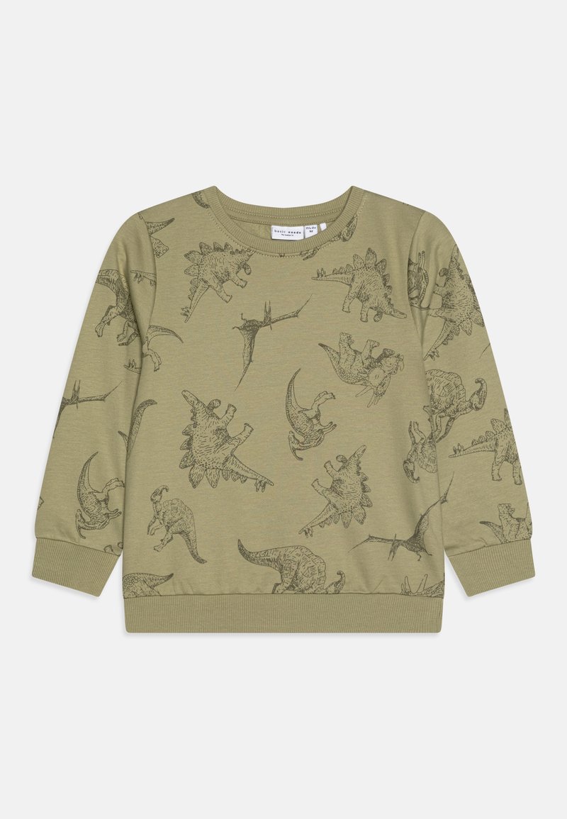 Felpa verde oliva con illustrazioni di dinosauri neri con design vari, maniche lunghe e polsini e bordo a costine.