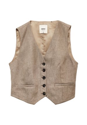 Beige liivi, joka on valmistettu teksturoidusta kankaasta, ja siinä on V-kaulusk design, kuusi mustaa nappia ja kaksi etutaskua. Silkkinen sisävuori.