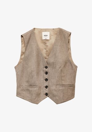 Beige liivi, joka on valmistettu teksturoidusta kankaasta, ja siinä on V-kaulusk design, kuusi mustaa nappia ja kaksi etutaskua. Silkkinen sisävuori.