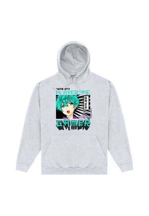 Lysegrå hættetrøje med forlomme, med en animefigur med teal-farvet hår og teksten "Player One" og "Gamer" i fed grafisk design.