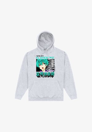 Jasnoszara bluza z kapturem i kieszenią z przodu, z postacią anime z włosami w kolorze morskim oraz tekstem "Player One" i "Gamer" w pogrubionym, graficznym wzorze.