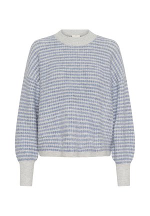 Pull gris clair avec des rayures bleues, col rond et manches bouffantes. Fabriqué à partir d'un matériau doux avec une finition texturée. Design court.