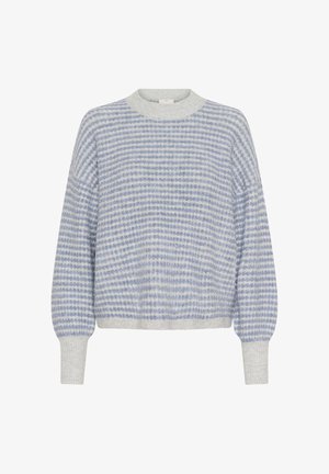 Helehall hall sweater sinise triibuga, ümar kaelus ja balloonvarrukad. Valmistatud pehmest materjalist tekstureeritud viimistlusega. Lühendatud disain.