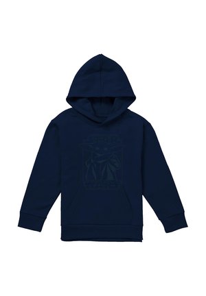 Navy blue hoodie featuring a subtle outline of Baby Yoda holding a staff with "Star Wars" text above and below the character.