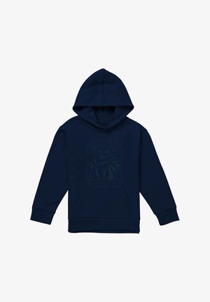 Marineblauer Hoodie mit einer dezenten Umrisszeichnung von Baby Yoda, der einen Stab hält, mit dem Schriftzug "Star Wars" oberhalb und unterhalb der Figur.