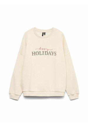 Krämfärgad sweatshirt med rund halsringning. "happy HOLIDAYS" tryckt i röd och grön blommönster på framsidan. Lös passform.