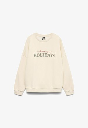 Krēmkrāsas sporta krekls ar apaļu kakla izgriezumu. Priekšpusē sarkanos un zaļos ziedu motīvos uzdrukāts uzraksts "happy HOLIDAYS". Brīvs stiprinājums.