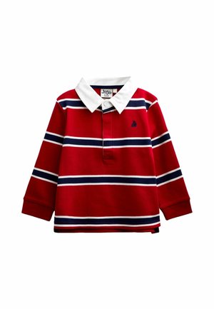 Rode poloshirt met lange mouwen met witte en marineblauwe horizontale strepen, een witte kraag en een klein marineblauw zeilbootlogo op de borst.