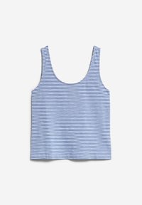 Débardeur rayé bleu et blanc avec un col rond, sans manches et en tissu en coton doux. Ourlet droit en bas.