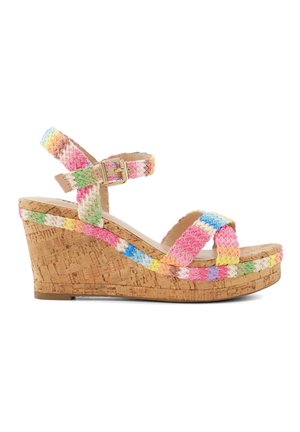 Sandales compensées avec une semelle en liège, des brides en tissu tissé multicolores et une boucle réglable à la cheville. Présente un design à plateforme pour une hauteur supplémentaire.