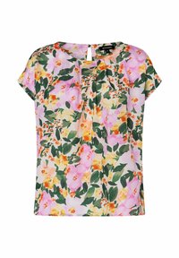 Bluse mit kurzen Ärmeln im Blumenmuster, die in Rosa, Gelb und Grün gehalten ist, mit einem runden Ausschnitt und einem Schlüssellochdetail sowie einem leichten, strukturierten Stoff.