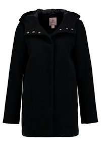 Černý kapucínový kabát vyrobený z tkané látky. Má zapínání na knoflíky a dvě boční kapsy. Hladká podšívka a dekorativní stříbrné knoflíky.