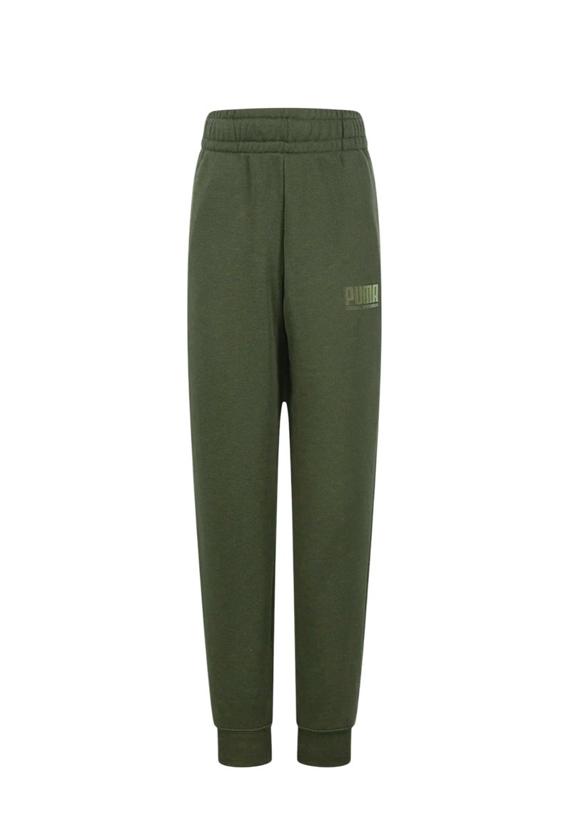 Pantaloni della tuta verdi con vita e polsini elastici. Presenta un piccolo logo sul lato sinistro. Realizzati in tessuto morbido e resistente.