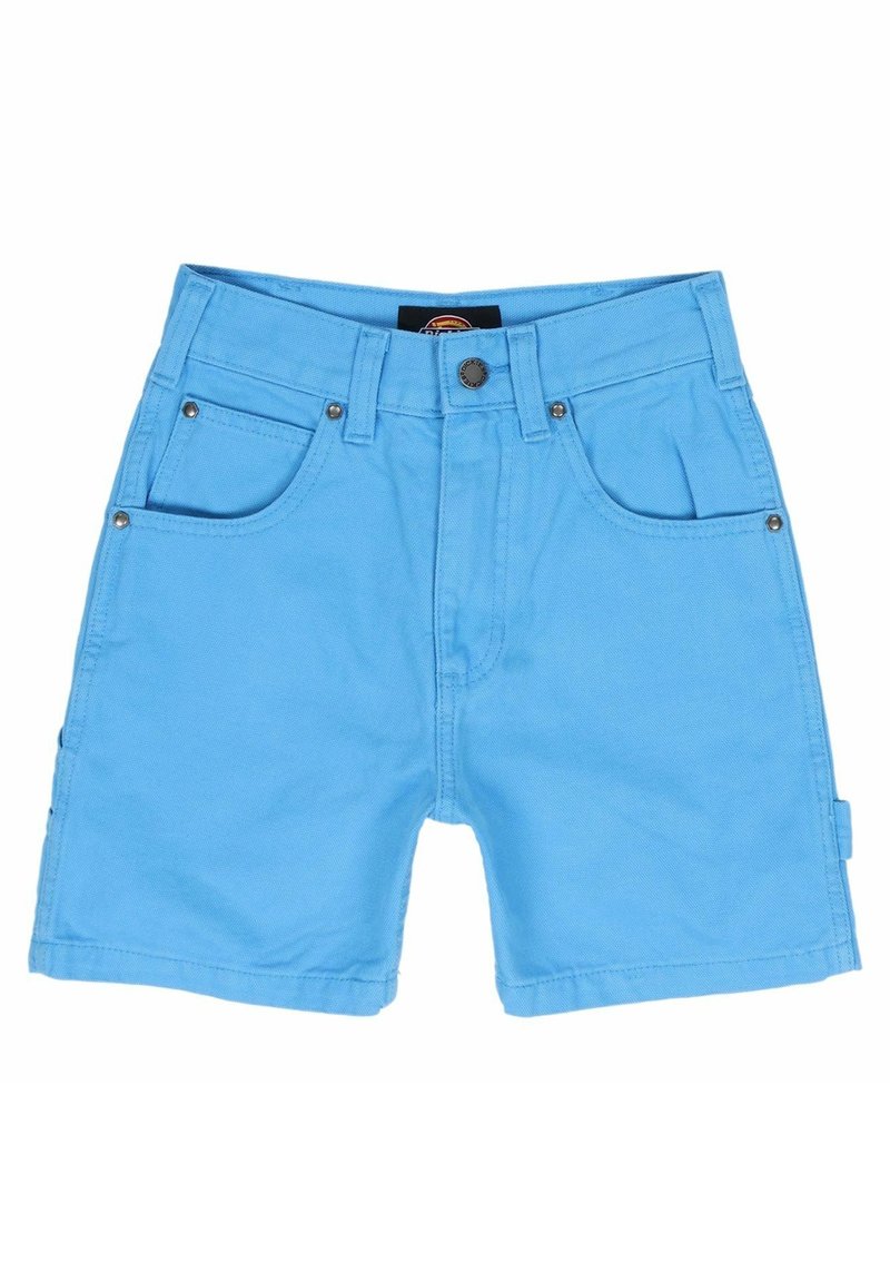 Pantaloncini di cotone azzurri chiari con cintura standard, cinque tasche e dettagli in metallo. Tessuto liscio con cuciture ricamate.