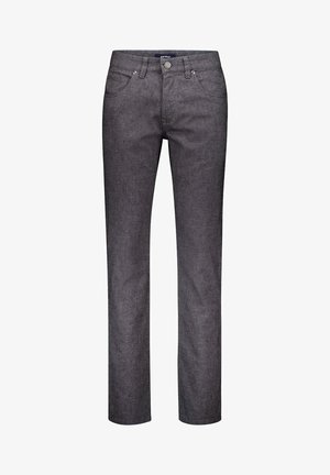 Graue gerade Hosen aus strukturiertem Stoff. Verfügen über Fronttaschen, einen Knopfverschluss und Gürtelschlaufen. Minimalistisches Design, ohne Muster.