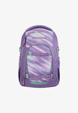 Zaino viola con strisce diagonali pastello in verde e rosa. Dotato di spallacci regolabili, tasche laterali e chiusura con cerniera. Tessuto resistente.
