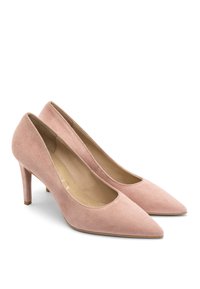 Pink suede high-heeled pumps with a pointed toe and a slim stiletto heel. Smooth interior lining, minimalistic design, and no visible embellishments.