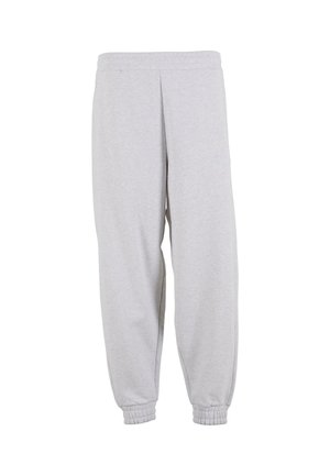 Svetlo šedé teplákové nohavice s elastickým pásom a manžetami, vyrobené z mäkkého materiálu, navrhnuté na každodenné nosenie.