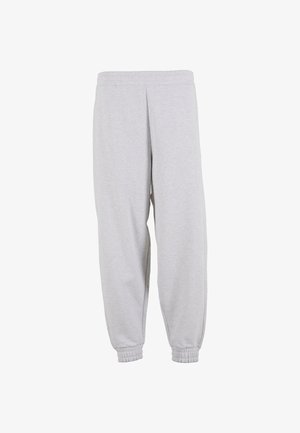 Svetlosivi trenirka s elastičnim pasom in manšetami, izdelana iz mehkega blaga, zasnovana za vsakodnevno nizko oblačenje.