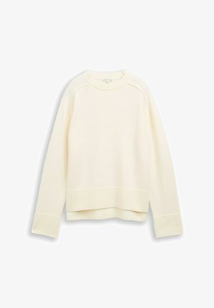 Pull en tricot couleur crème avec un col rond, des poignets et un ourlet côtelés. Texture douce et coupe légèrement oversize.