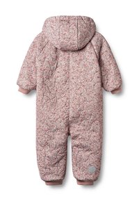 Quilted pink and multicolored floral-patterned snowsuit with a hood, long sleeves, and ribbed cuffs. Features a circular logo patch.