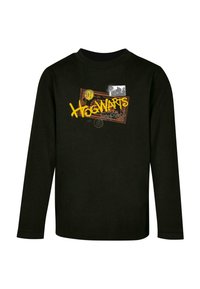 Schwarzes langärmliges Shirt aus Baumwolle mit einem Hogwarts-Design, das gelbe Schriftzüge, grafische Muster und ein bedrucktes ticketähnliches Detail enthält.