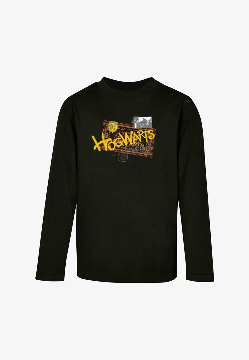 Black long-sleeve shirt made of cotton with a Hogwarts design featuring yellow text, graphic patterns, and a printed ticket-like detail.