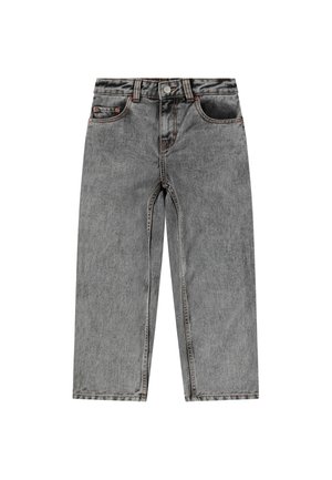 Jeans in denim grigio con gamba dritta, design a cinque tasche, cuciture visibili e chiusura con bottone in vita. Nessun motivo o accento prominente.