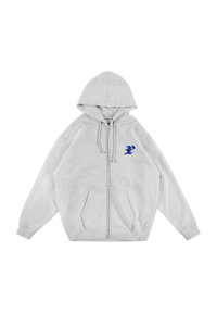 Szara bluza z kapturem na zamek błyskawiczny, z niebieskim haftowanym logo na piersi, wykonana z miękkiego materiału, z bocznymi kieszeniami i ściągaczami przy mankietach.