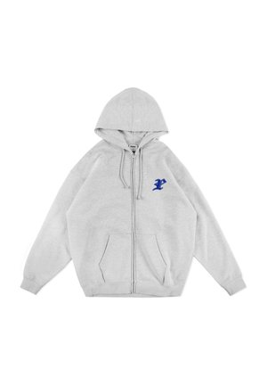 Szara bluza z kapturem na zamek błyskawiczny, z niebieskim haftowanym logo na piersi, wykonana z miękkiego materiału, z bocznymi kieszeniami i ściągaczami przy mankietach.