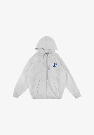 Szara bluza z kapturem na zamek błyskawiczny, z niebieskim haftowanym logo na piersi, wykonana z miękkiego materiału, z bocznymi kieszeniami i ściągaczami przy mankietach.