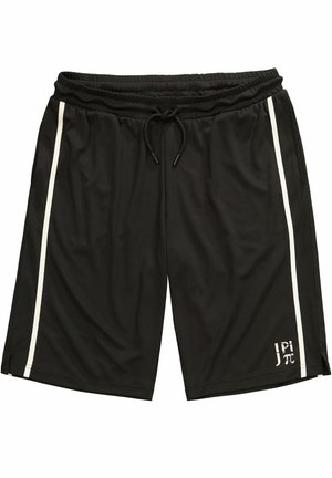 Czarne spodenki sportowe wykonane z lekkiego materiału. Posiadają białe paski po bokach, elastyczny pas z sznurkiem oraz detal z logo.