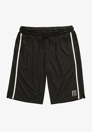 Czarne spodenki sportowe wykonane z lekkiego materiału. Posiadają białe paski po bokach, elastyczny pas z sznurkiem oraz detal z logo.