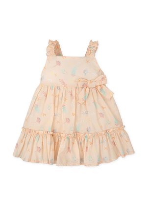 Vestido color melocotón con tirantes de volantes, diseño en capas y estampados de animales en tonos pastel. Cuenta con un lazo en la cintura y una textura suave y ligera.