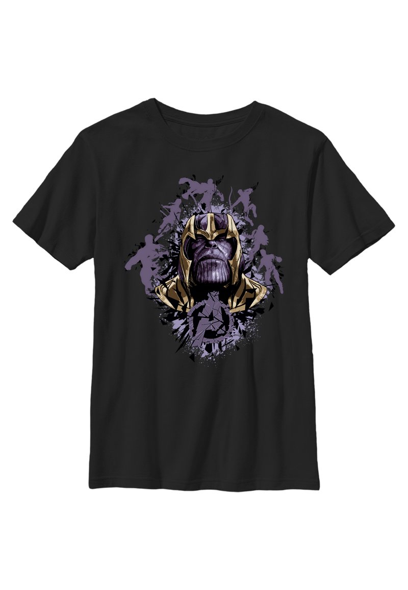Sort t-shirt med en grafik af et lilla og guld karakteransigt, omkranset af sprøjt og silhuetter i lilla nuancer.