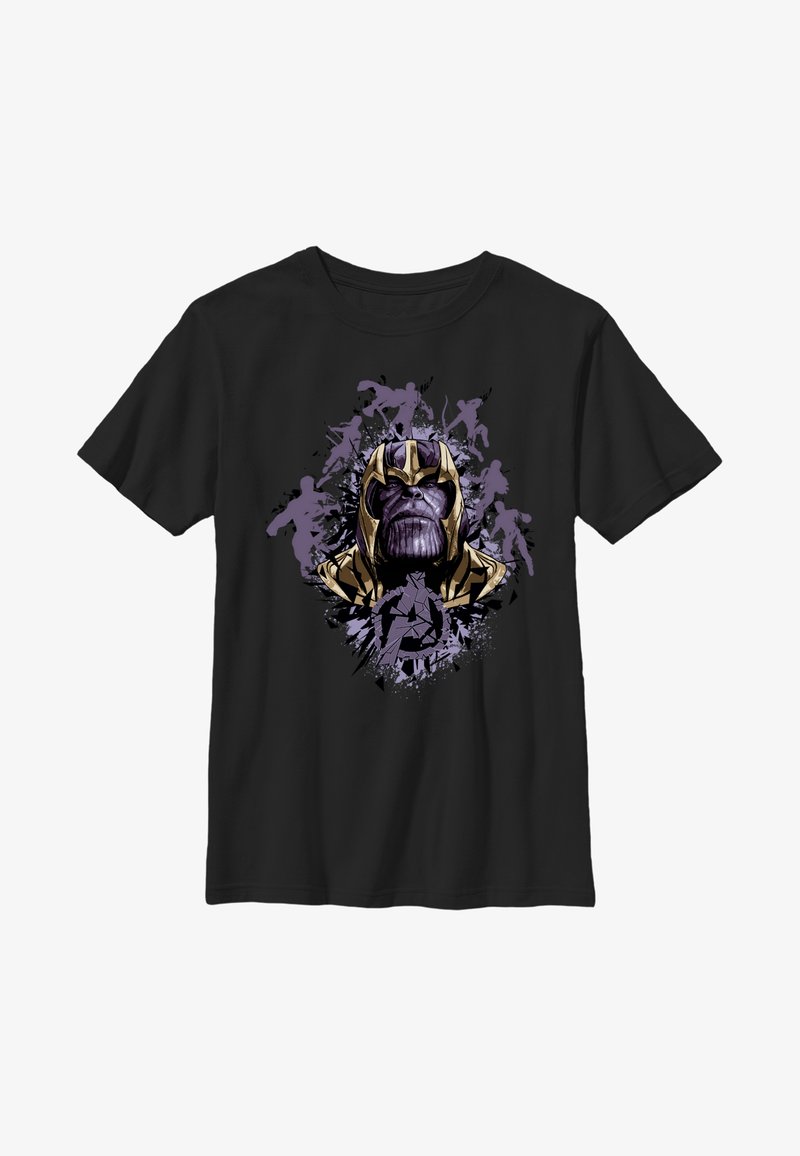 Sort t-shirt med en grafik af et lilla og guld karakteransigt, omkranset af sprøjt og silhuetter i lilla nuancer.